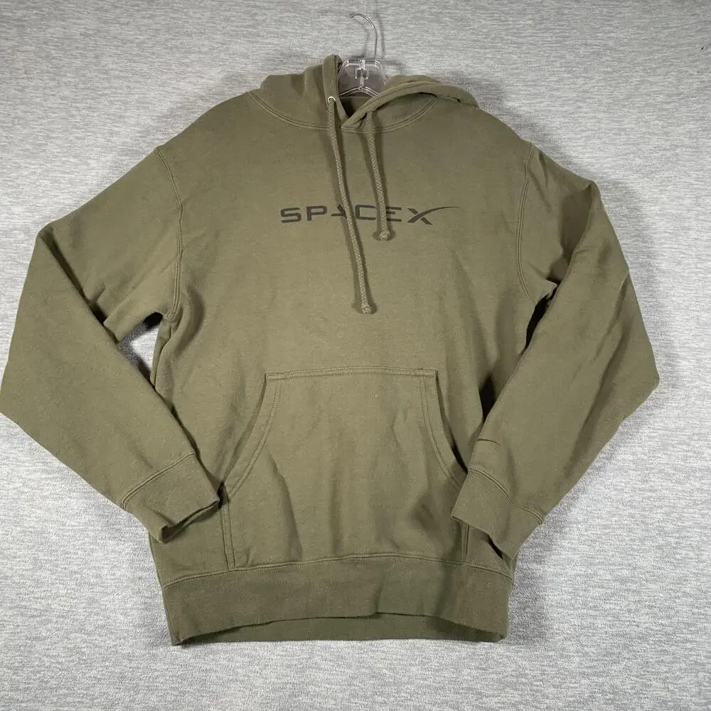 SpaceX Hoodie Mens Small Green Pullover Fleece Logo Kangaroo Pocket Sweatshirt
